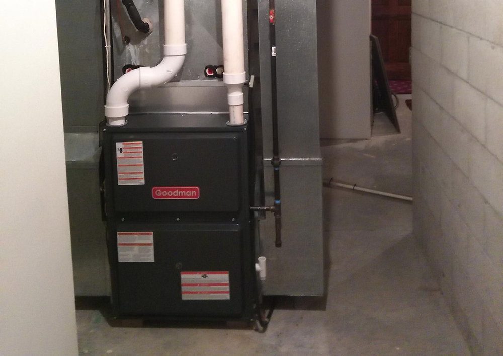 Goodman furnace installed in a basement mechanical room, Barengo's Heating and Refrigeration