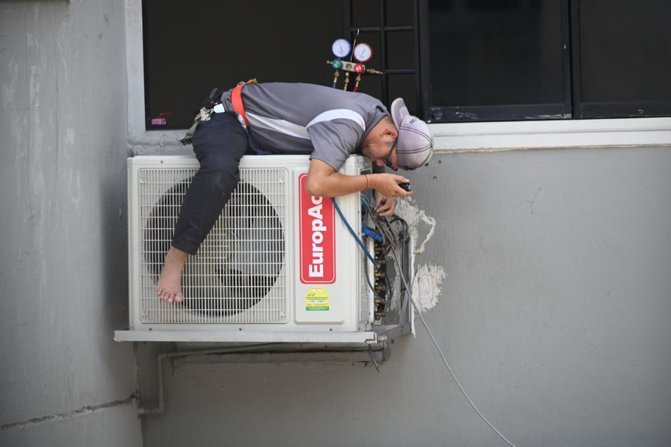Residential heating and cooling equipment installed in a home mechanical room
